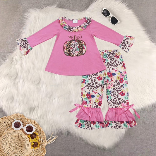 Sibling Baby Girls Long Sleeve Floral Pumpkins Tunic Bell Bottom Legging Pant Fall Clothes Set