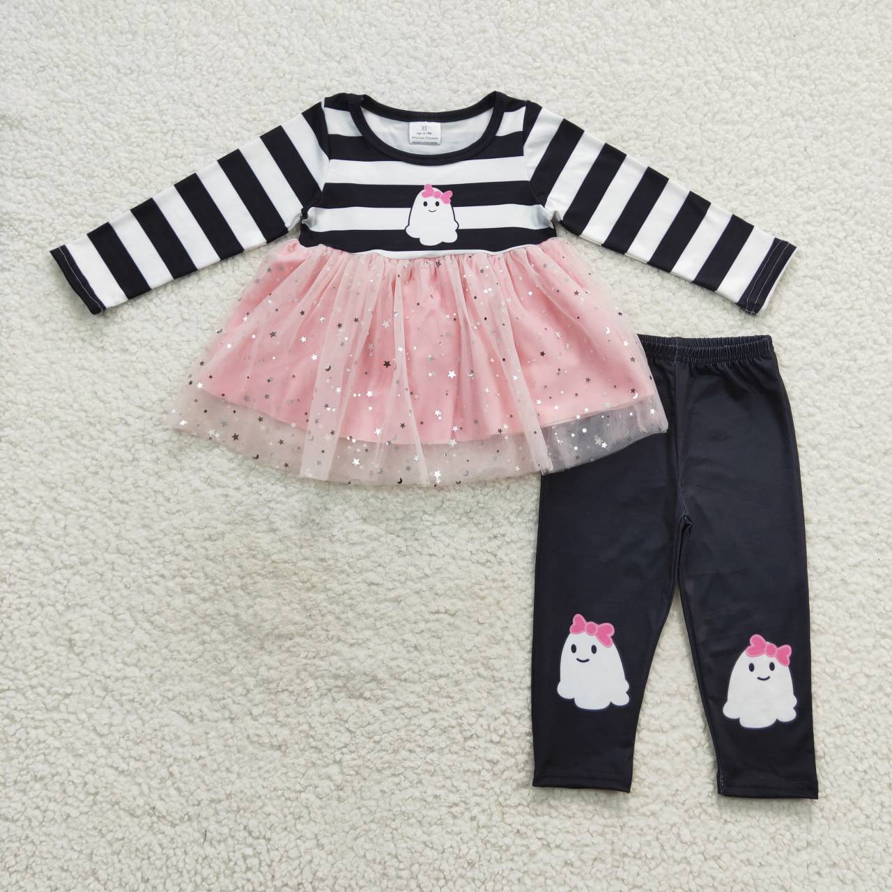 Sibling Baby Girls Long Sleeves Ghosts Bows Tunic Pants Halloween Clothes Sets
