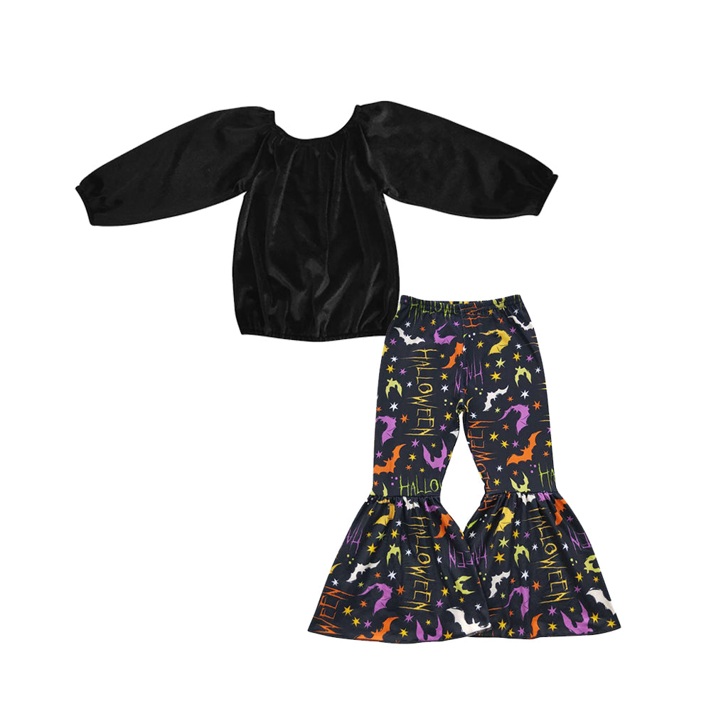 Baby Girls Black Velvet Top Shirt Halloween Bell Pants clothes sets