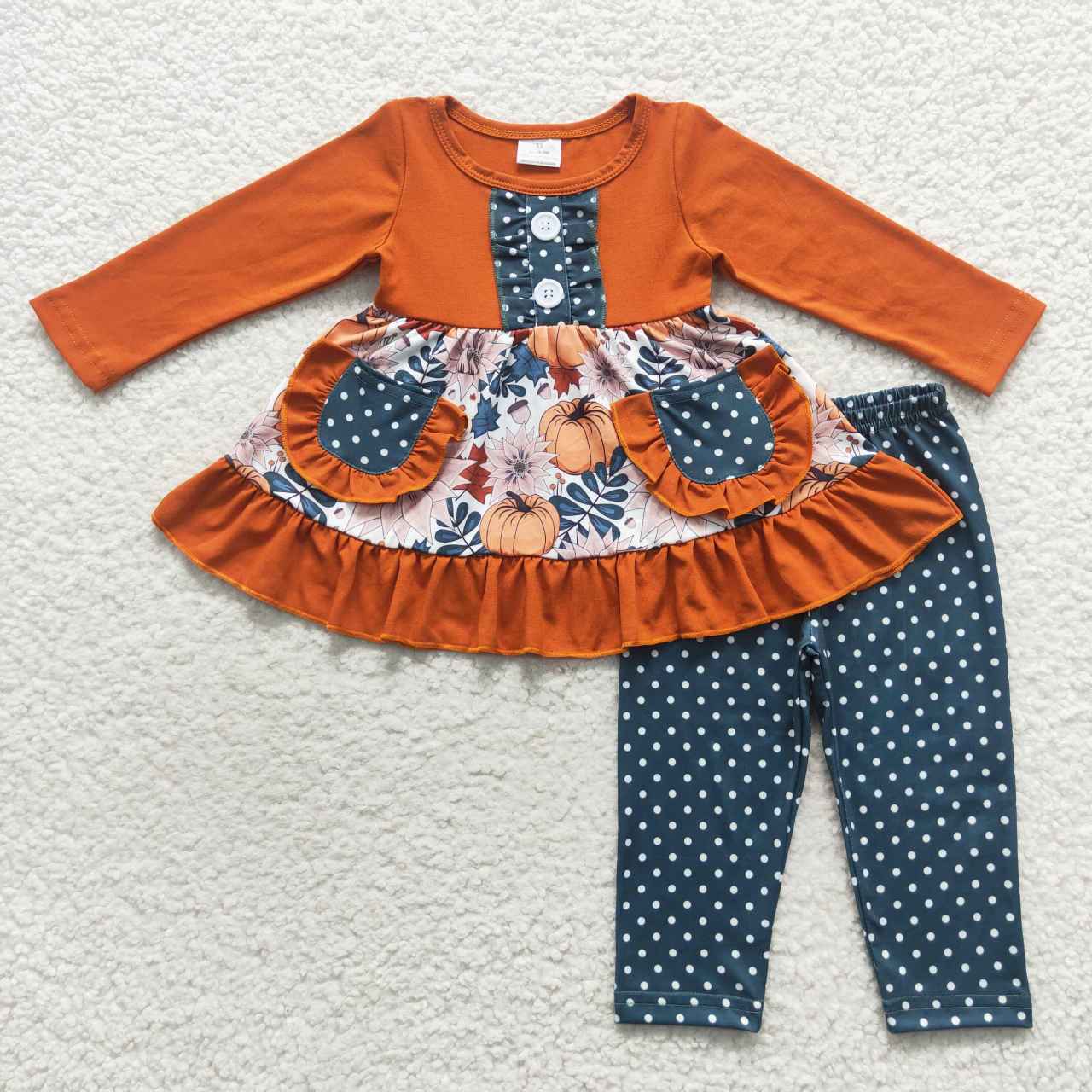 Sibling Baby Girls Flowers Pumpkins Button Pockets Tunic Ruffle Pants Fall Clothes Sets