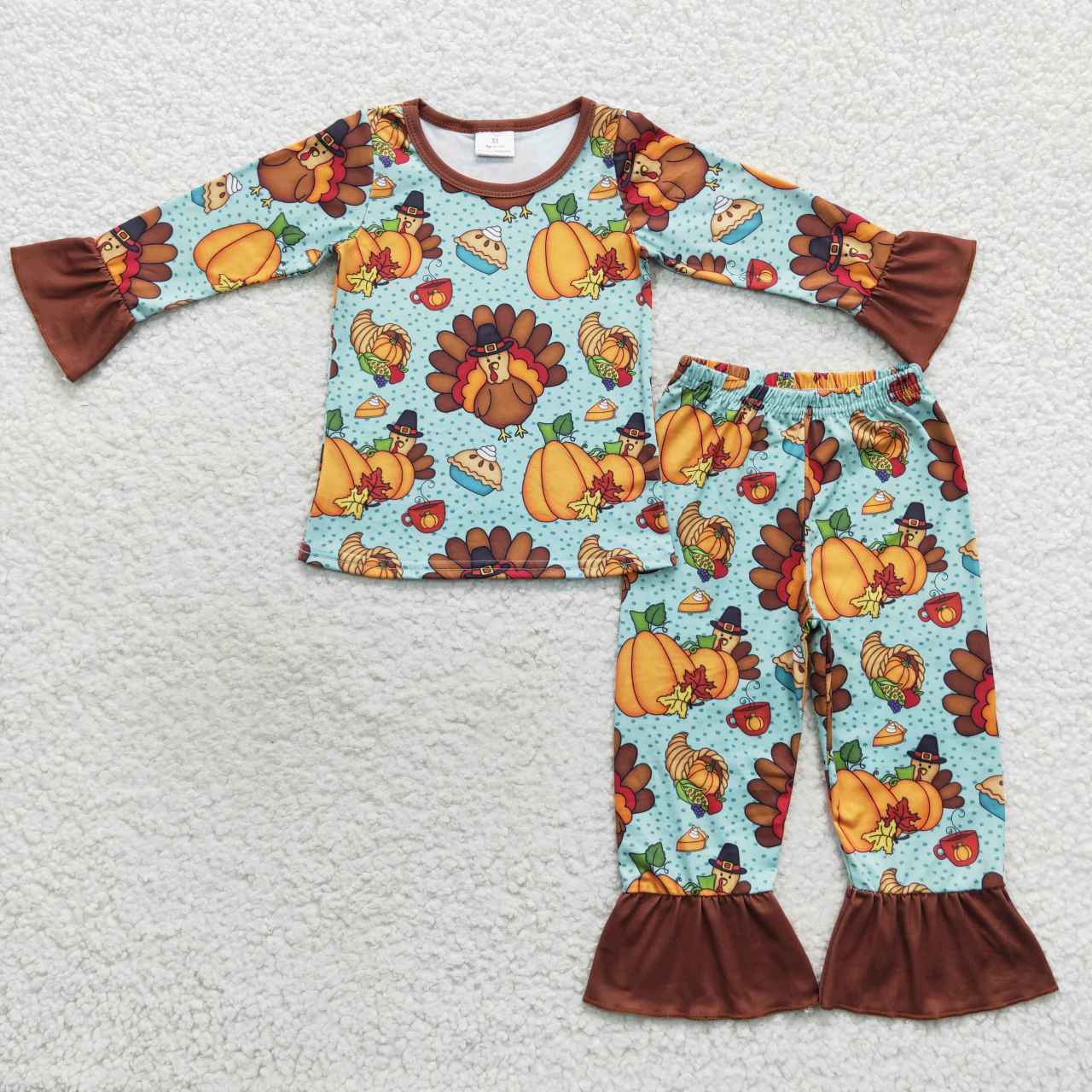 Sibling Baby Girls Thanksgiving Turkey Shirts Bell Pants Pajamas Clothing Sets