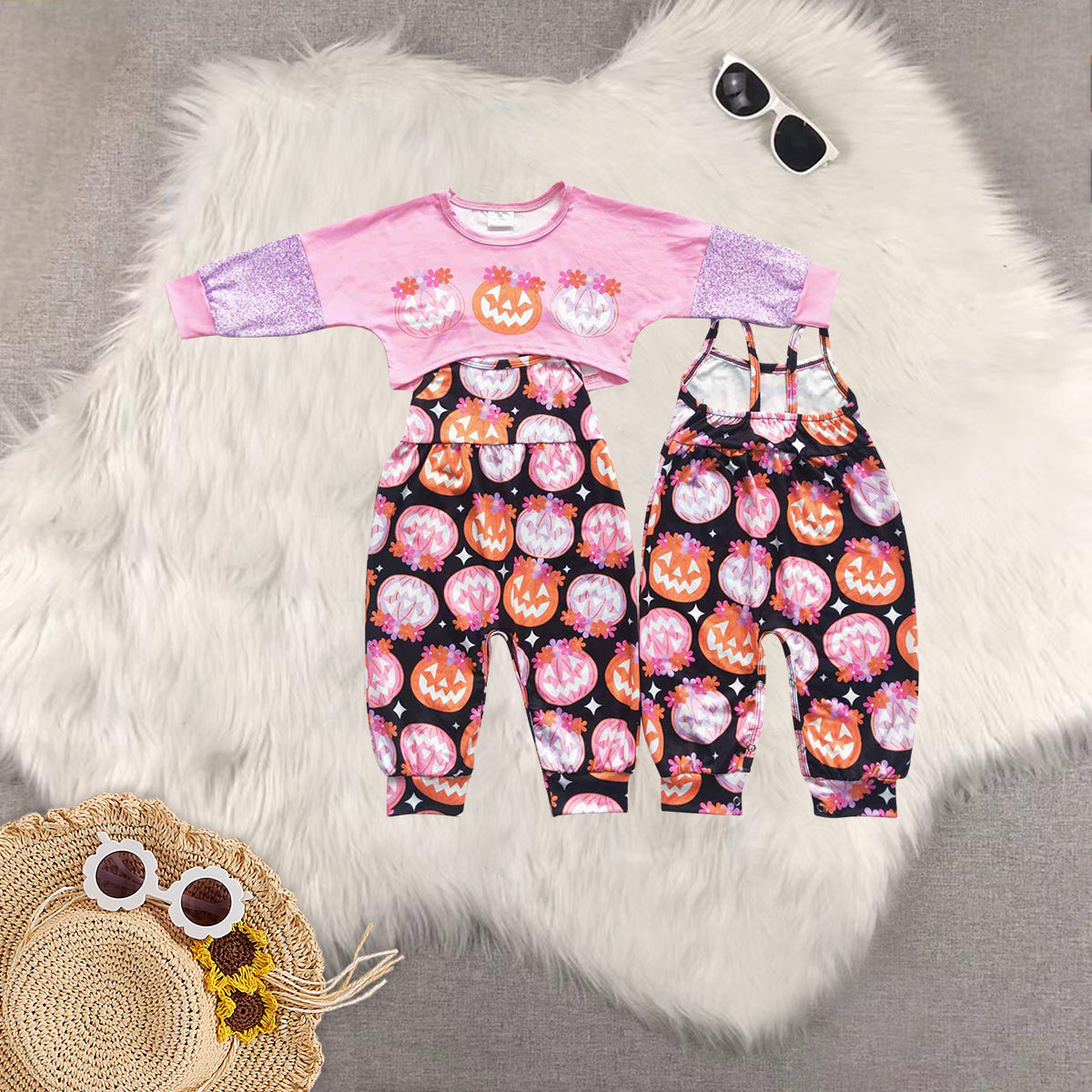 Sibling Baby Girls Halloween Dogs Ghost Pumpkins Top Jumpsuits 2pcs Clothes Sets