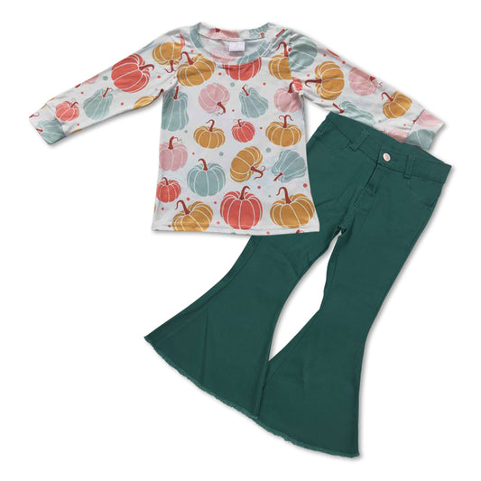 Baby Girls Colorful Pumpkin Shirt Green Bell Denim Pants clothes sets