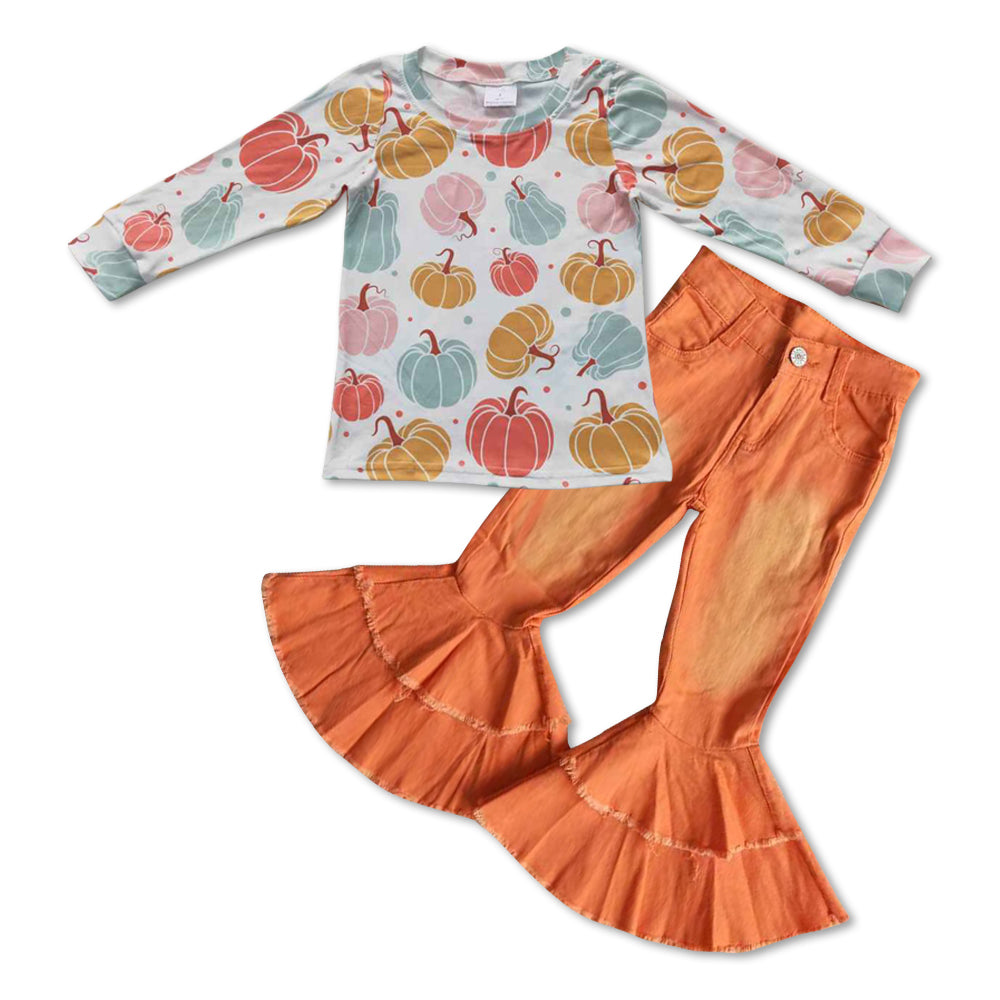 Baby Girls Colorful Pumpkin Shirt Orange Ruffle Bell Denim Pants clothes sets