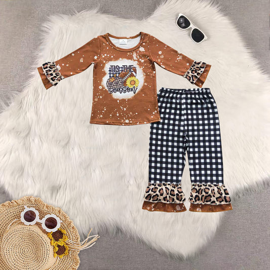 Sibling Baby Girls Football Pumpkin Leopard Ruffle Pants Clothes Sets Rompers