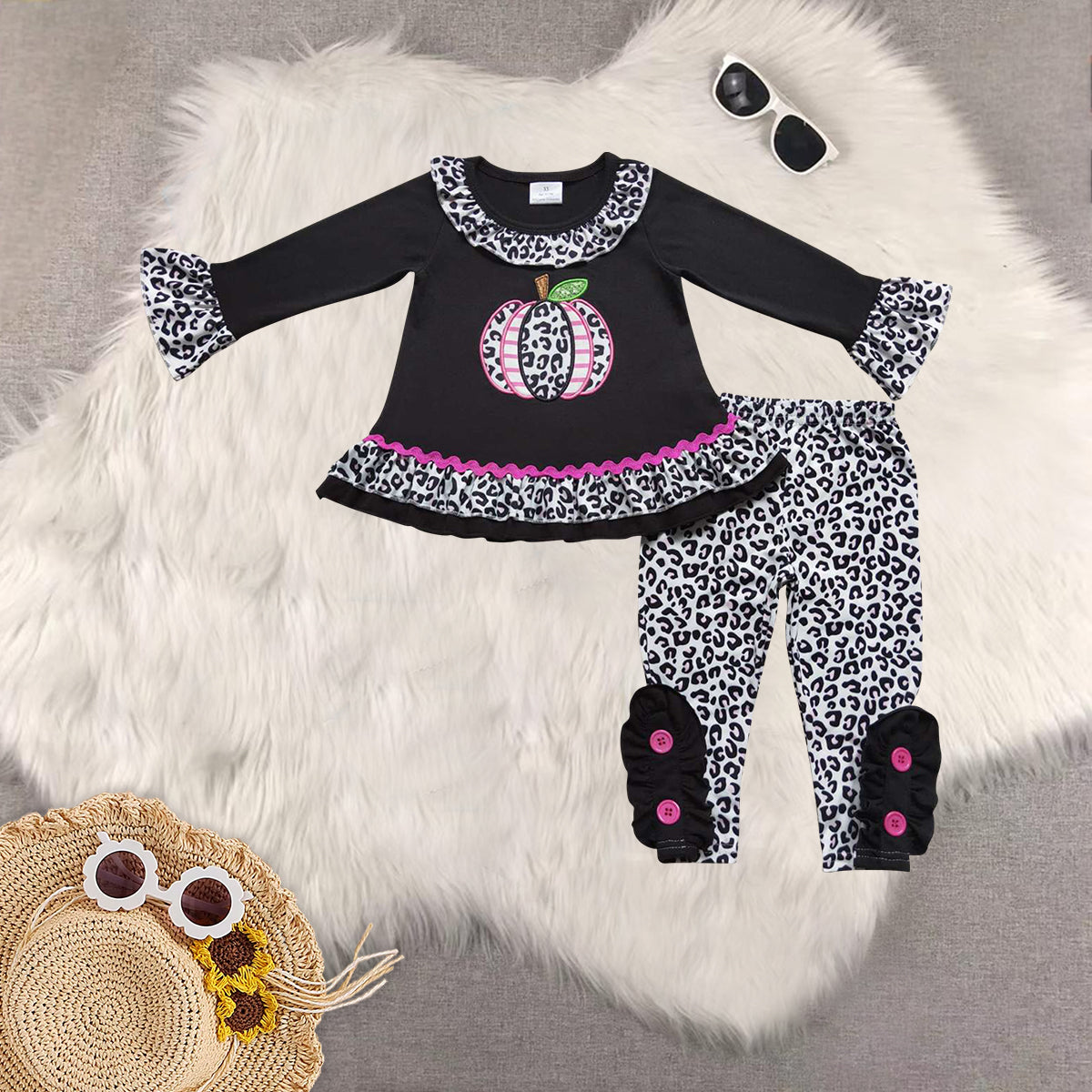 Sibling Baby Girls Black Long Sleeves Leopard Pumpkins Tunic Legging Pant Sets Romper