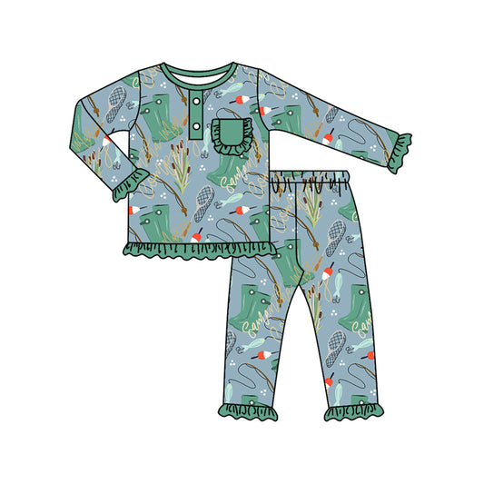 Baby Girls Green Fishing Pocket Top Pants Pajamas Clothes Sets preorder