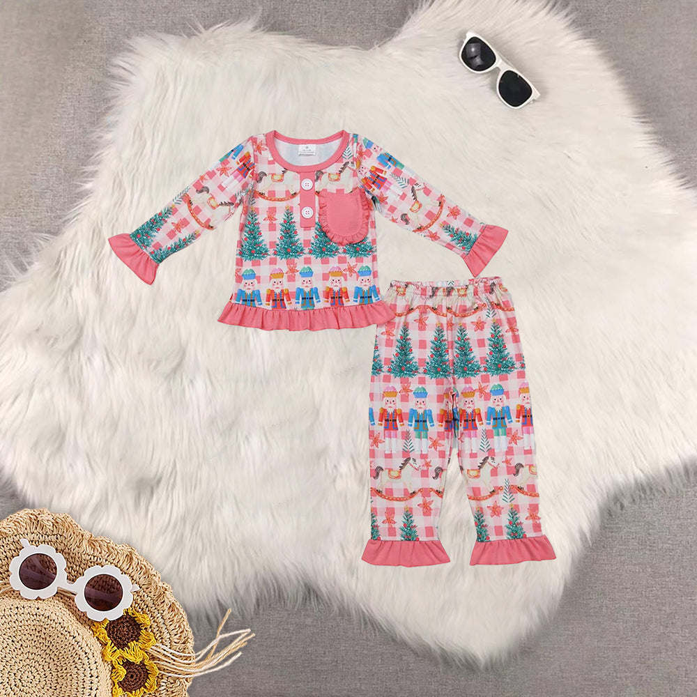 Sibling Baby Girls Pink Christmas Soldier Tree Top Pants Pajamas Clothes Sets Zipper Romper