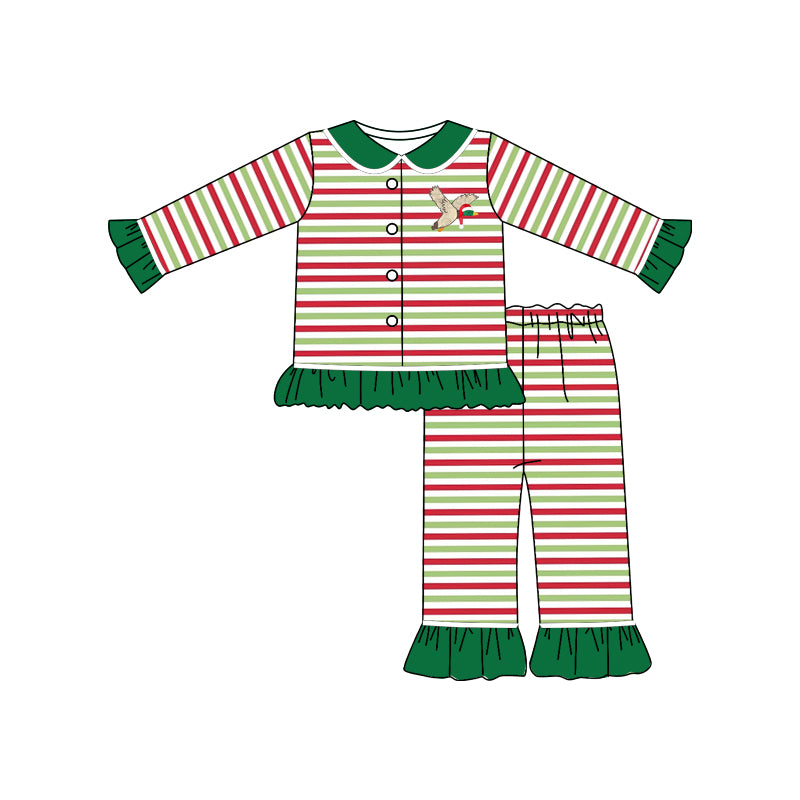 Baby Girls Christmas Stripes Duck Top Pants Buttons Pajamas Clothes Sets preorder