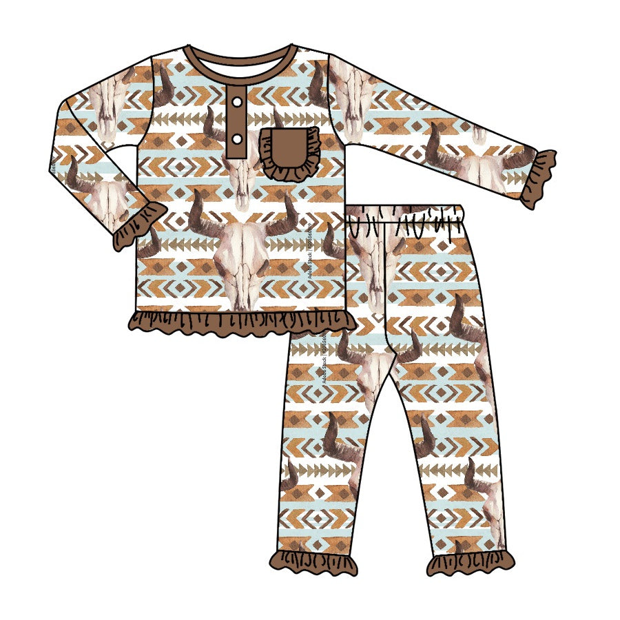 Baby Girls Western Cow Skull Top Pants Pajamas Clothes Sets preorder