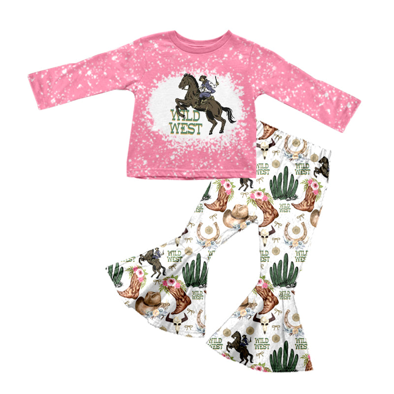 Baby Girls Pink Wild West Long Sleeve Shirts Horse Pants Clothes Sets preorder