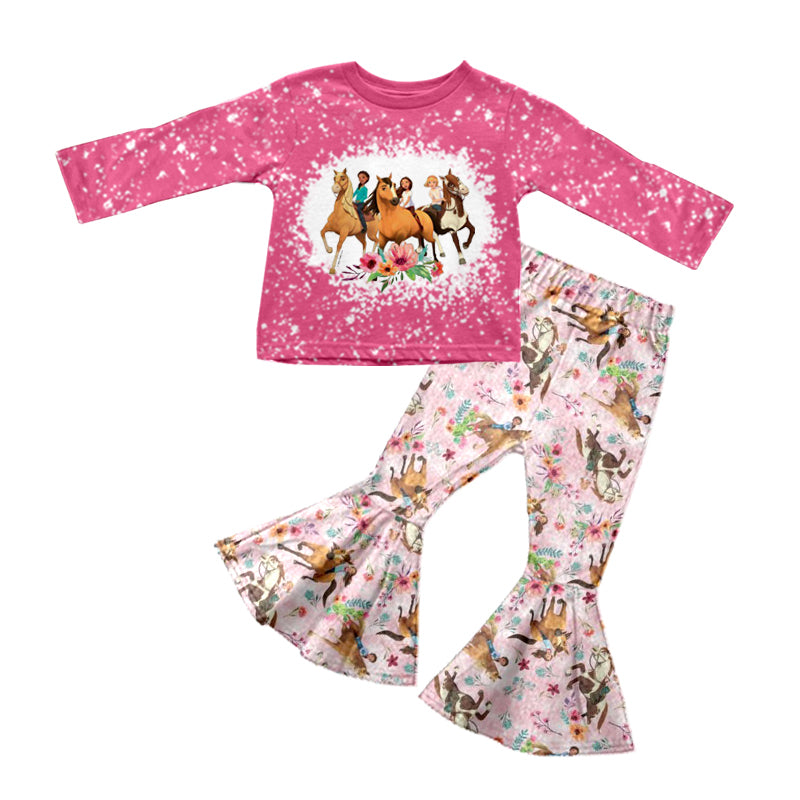 Baby Girls Western Pink Horse Top Bell Pants Clothing Sets preorder