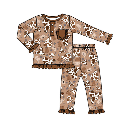 Baby Girls Western Brown Cow Tags Pajamas Clothing Sets preorder