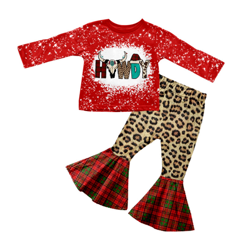 Baby Girls Howdy Long Sleeve Top Christmas Leopard Bell Pants Clothing Sets preorder