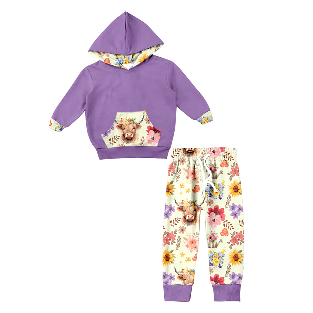 Baby Girls Highland Cow Purple Long Sleeve Hooded Tops Pants Clothes Sets preorder