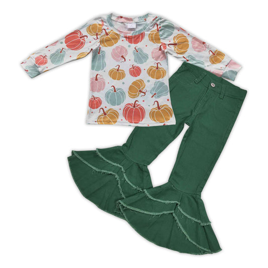 Baby Girls Fall Pumpkin Shirt Top Green Double Ruffle Denim Pants Clothes Sets