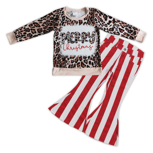 Baby Girls Merry Christmas Shirt Top Red Stripes Bell Denim Pants Clothes Sets