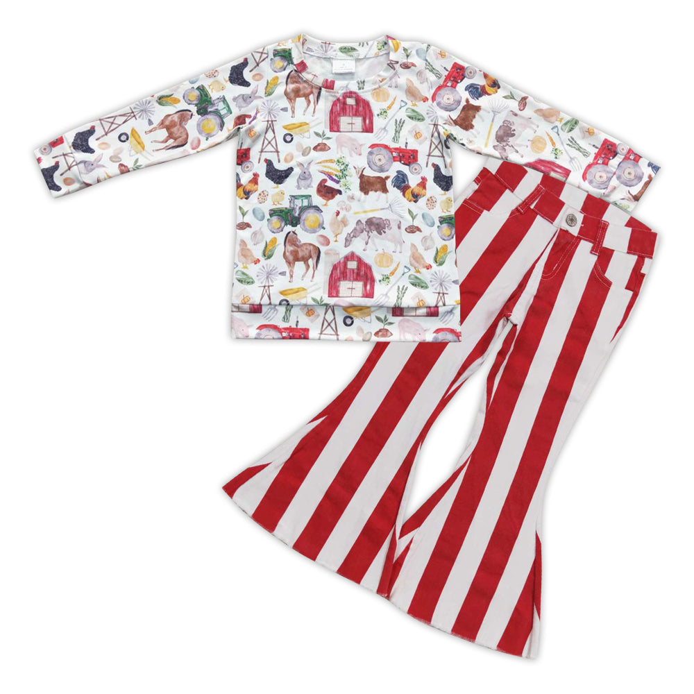 Baby Girls Farm House Shirt Top Red Stripes Bell Denim Pants Clothes Sets