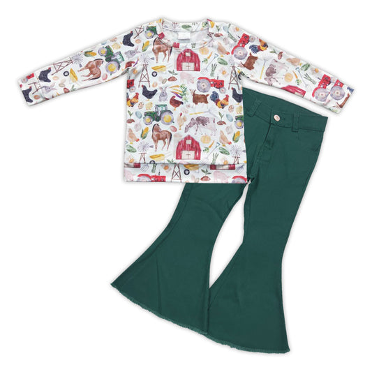 Baby Girls Farm House Shirt Top Green Bell Denim Pants Clothes Sets