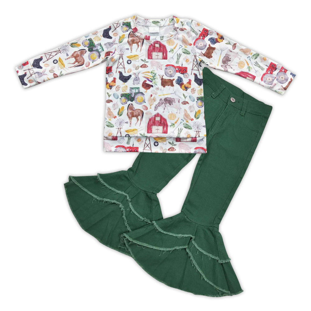 Baby Girls Farm House Shirt Top Green Ruffle Denim Pants Clothes Sets