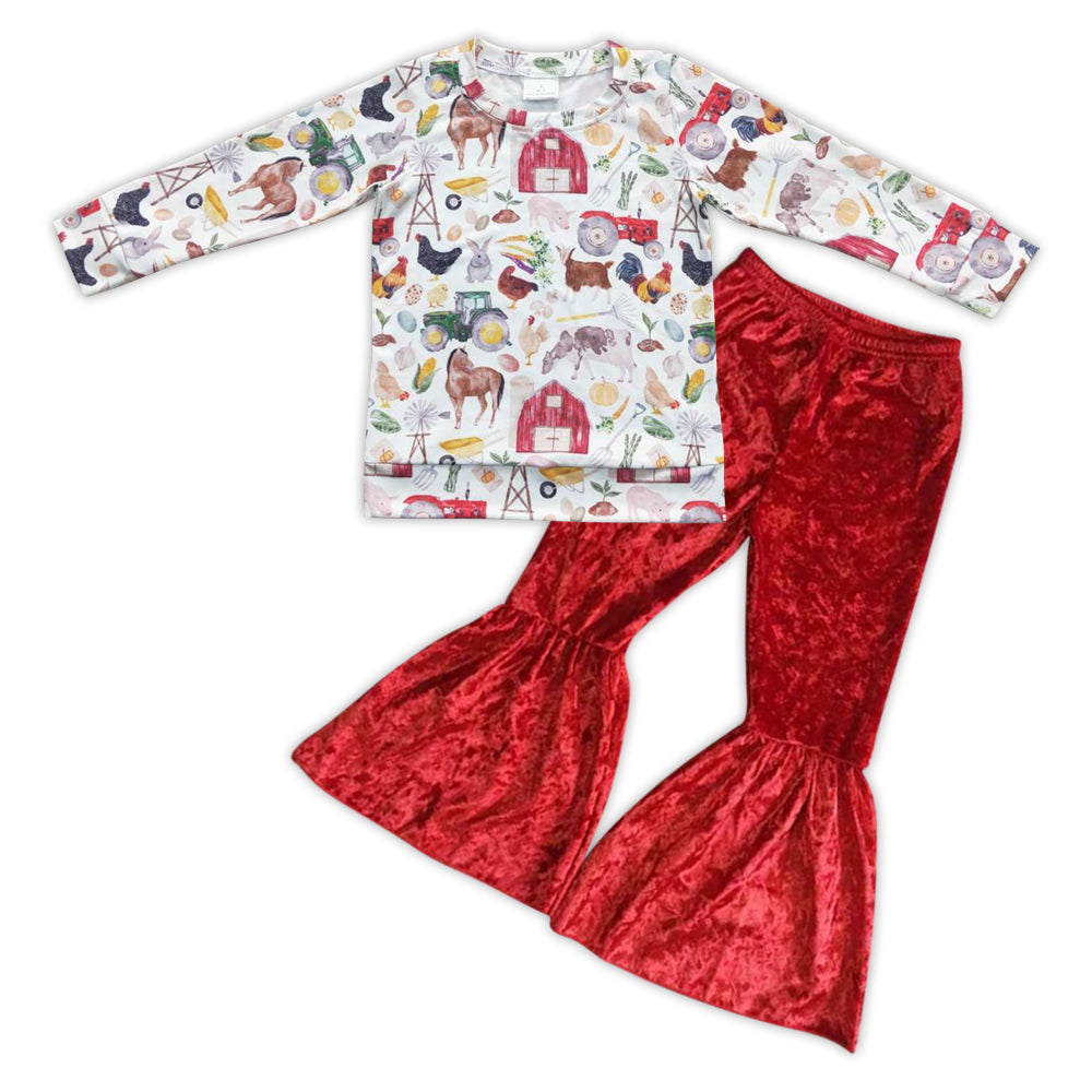 Baby Girls Farm Long Sleeve Top Red Velvet Bell Pants Clothes Sets