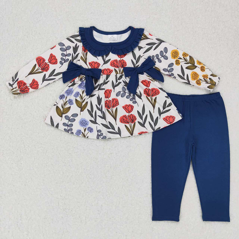 Sibling Baby Girls Navy Floral Bows Tunic Leggings Clothes Set Ruffle Romper