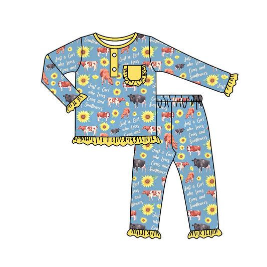 Baby Girls Sunflower Cows Long Sleeve Tops Pants Pajamas Clothes Sets preorder