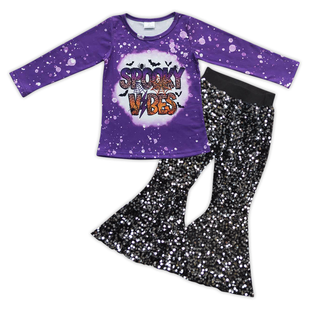 Baby Girls Spooky Purple Top Black Sequin Bell Pants clothes sets