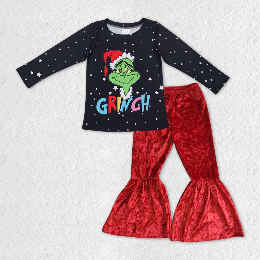 Christmas Girls Colorful Frog Long Sleeve Shirt Red Velvet Pants Clothes Sets