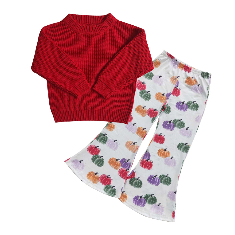 Baby Girls 2pcs Red Long Sleeve Sweaters Pumpkin Bell Pants Sets