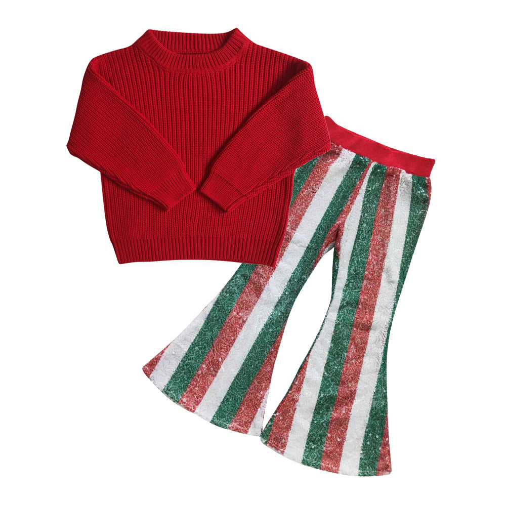 Baby Girls 2pcs Red Long Sleeve Sweaters Stripes Sequin Bell Pants Sets