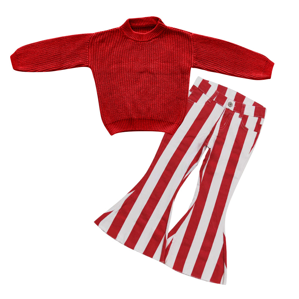 Baby Girls 2pcs Red Long Sleeve Sweaters Stripes Denim Bell Pants Sets