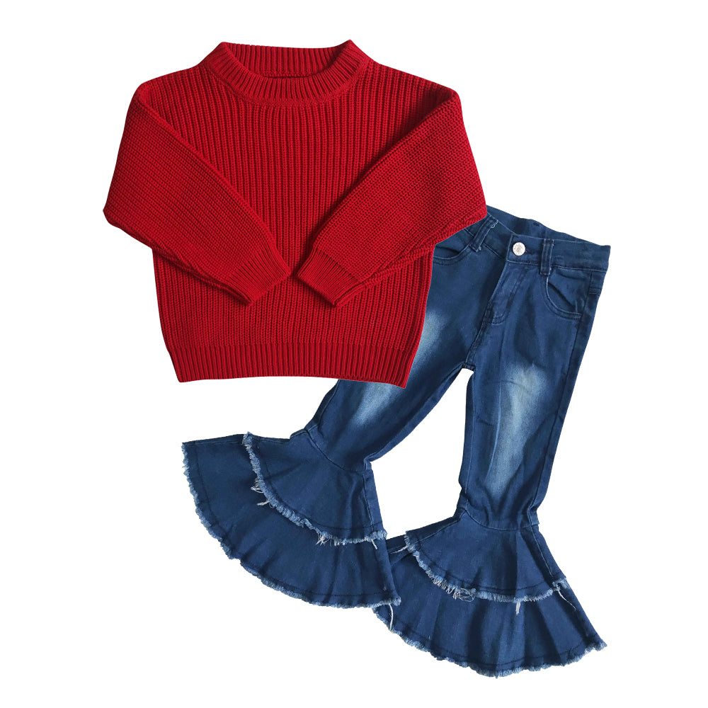 Baby Girls 2pcs Red Long Sleeve Sweaters Navy Bleched Denim Tassel Pants Sets