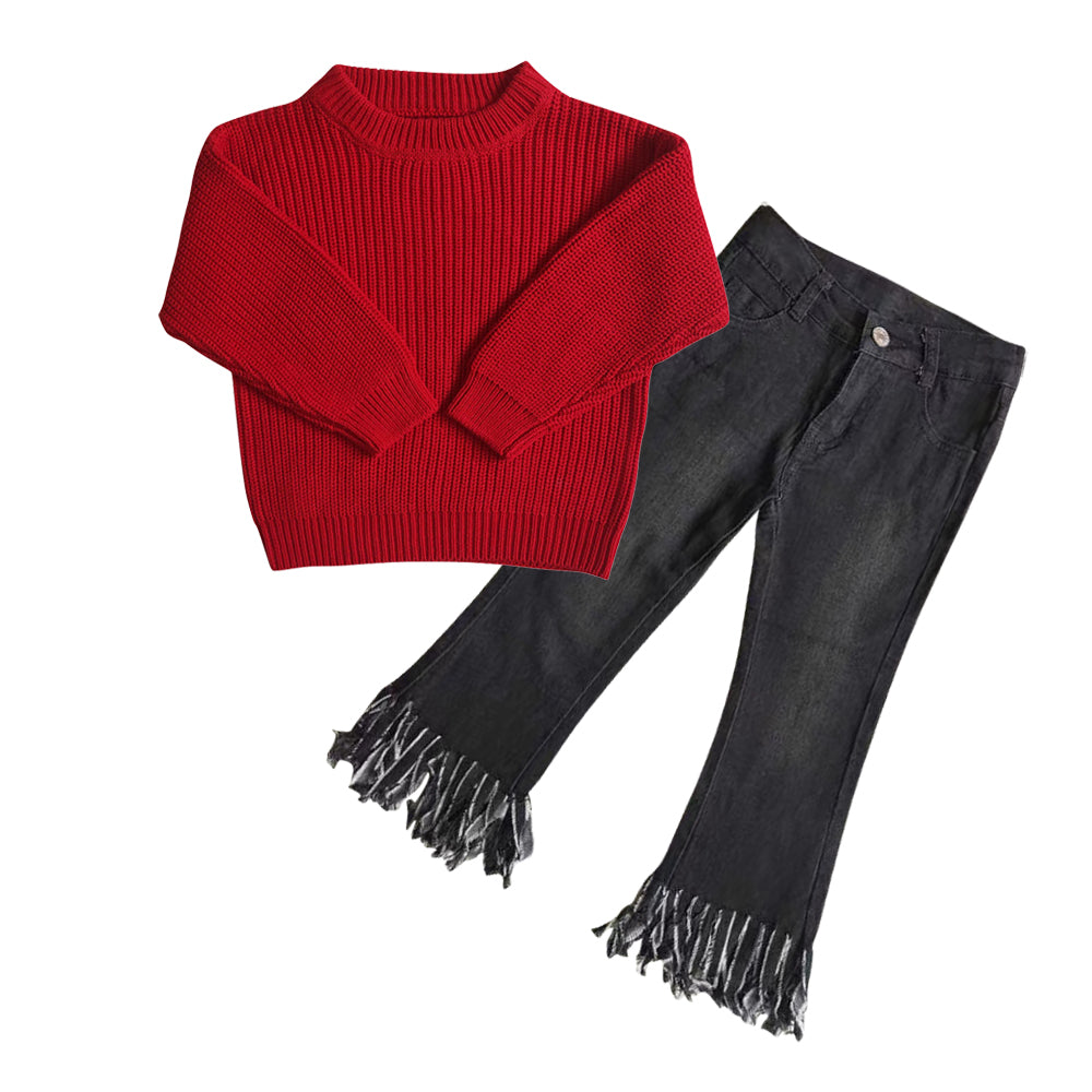 Baby Girls 2pcs Red Long Sleeve Sweaters Black Denim Tassel Pants Sets