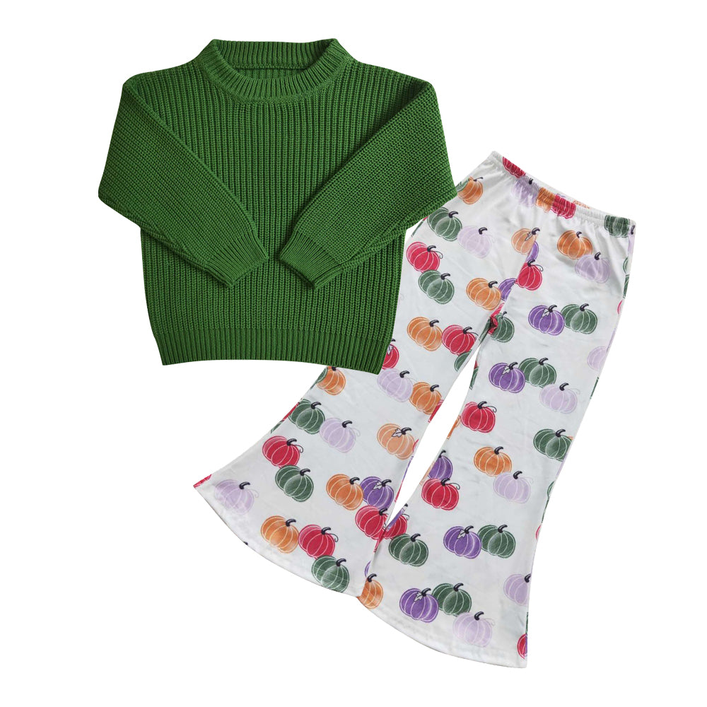 Baby Girls 2pcs Green Long Sleeve Sweaters Pumpkin Bell Pants Sets
