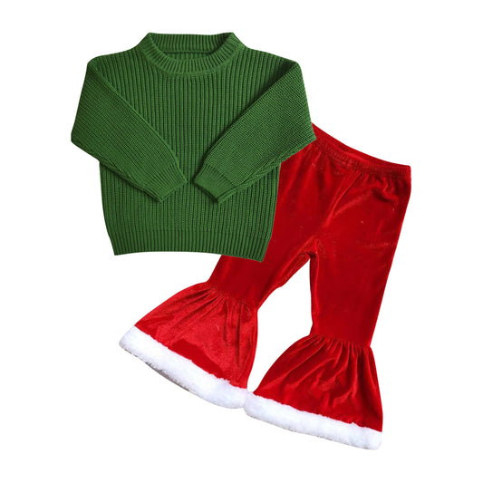 Baby Girls 2pcs Christmas Green Long Sleeve Sweaters Red Velvet Bell Pants Sets