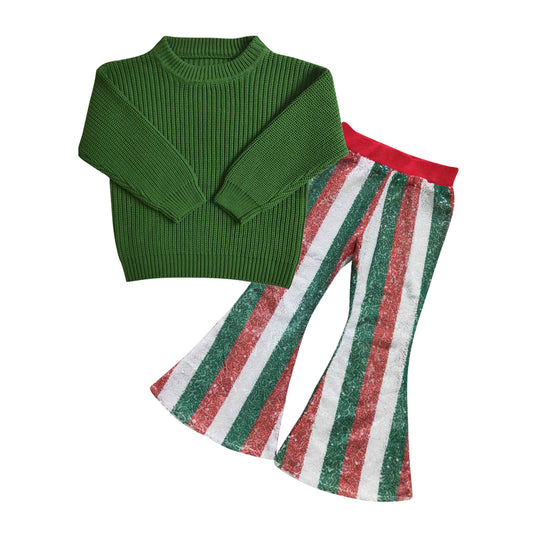 Baby Girls 2pcs Christmas Green Long Sleeve Sweaters Red Sequin Bell Pants Sets