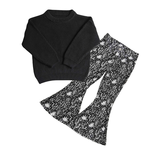 Baby Girls 2pcs Fall Black Long Sleeve Sweaters Western Cactus Denim Pants Sets