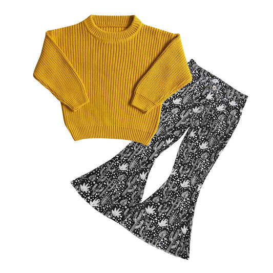 Baby Girls 2pcs Fall Mustard Long Sleeve Sweaters Western Cactus Denim Pants Sets