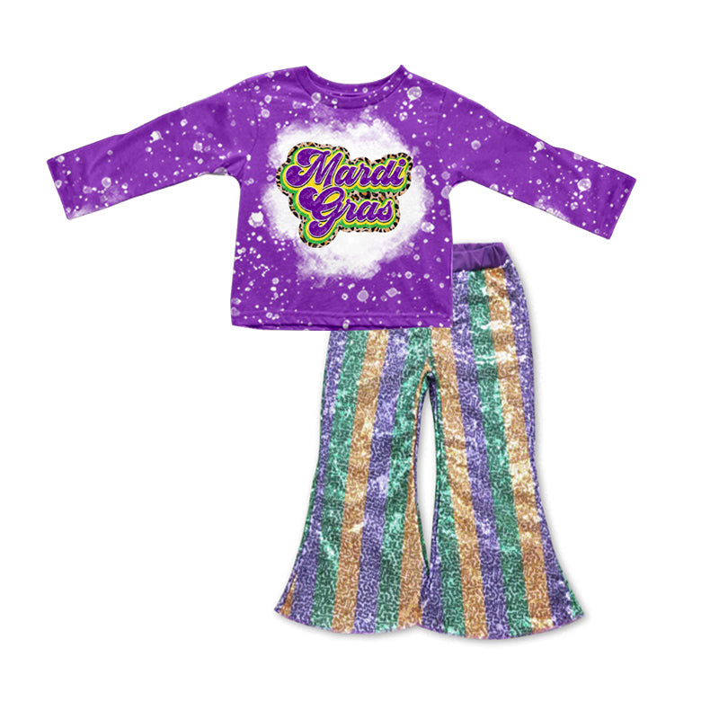 Baby Girls Mardi Gras Purple Shirt Sequin Purple Bell Bottom Pants clothes preorder