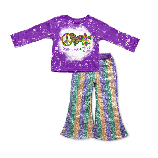 Baby Girls Mardi Gras Shirt Sequin Purple Bell Bottom Pants clothes preorder