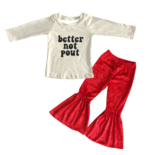 Baby Girls Better Not Pout Tee Shirt Tops Red Velvet Bell Bottom Pants Clothes Sets preorder