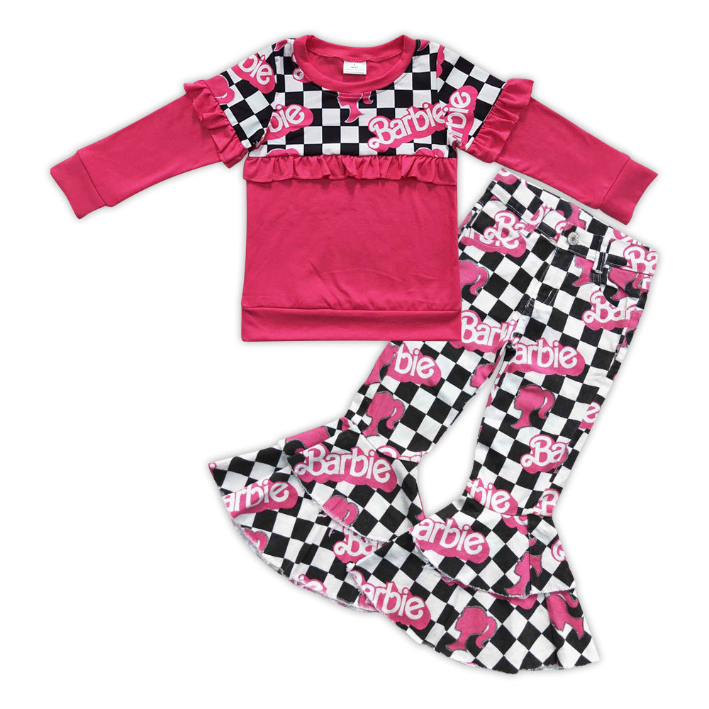 Girls Doll Tee Shirt Black Checkered Denim Jeans Pants Clothes Sets