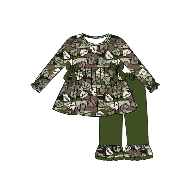 Baby Girls Valentines Camo Hearts Tunic Ruffle Bottom Pants Clothing Sets preorder