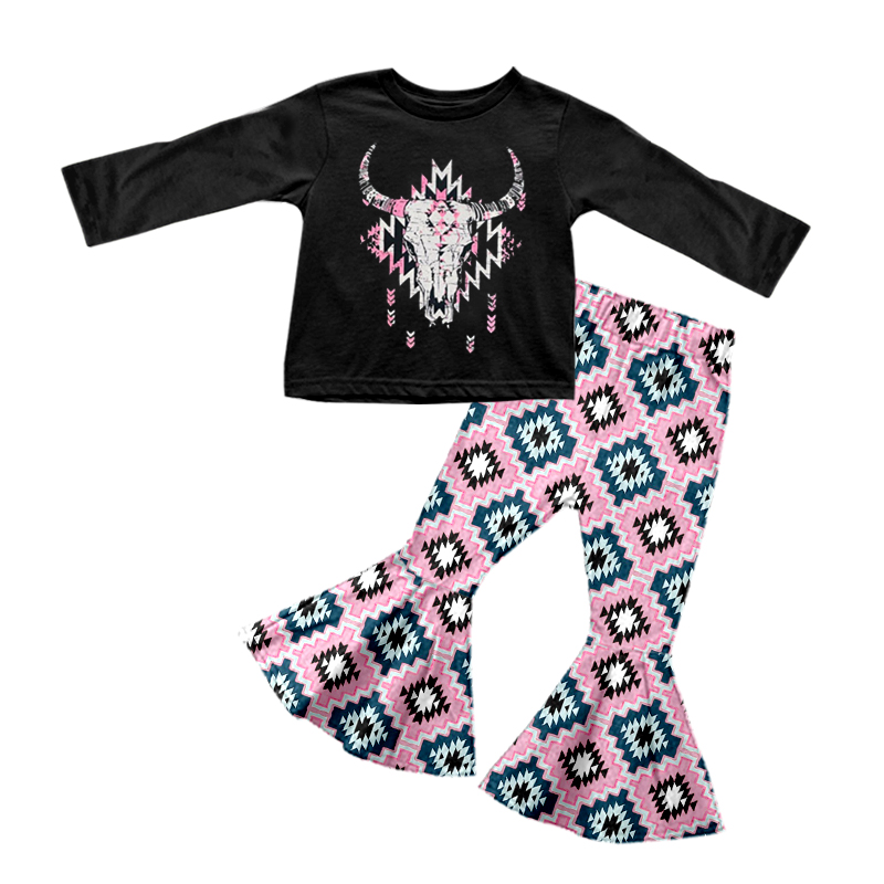 Baby Girls Black Cow Shirt Bell Bottom Pants Clothing Sets preorder