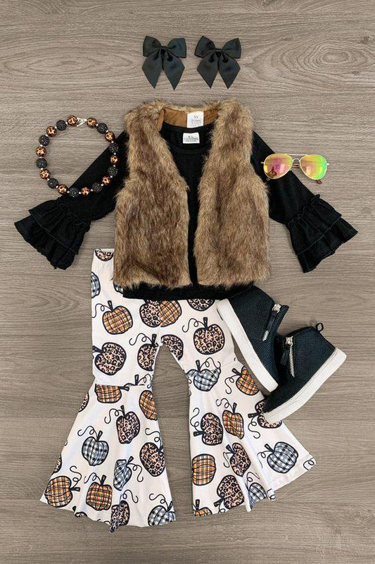 Baby Girls Black Shirt Leopard Pumpkin Brown Fur Vest 3pcs Pants Sets
