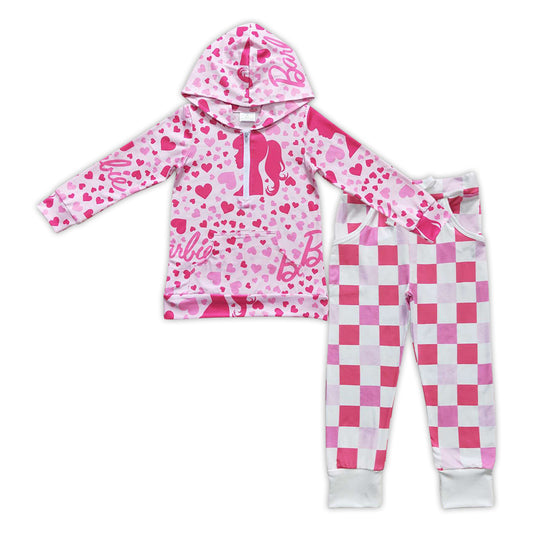 Baby Girls Pink Doll Hooded Long Sleeve Shirt Checkered Pants Clothes Sets