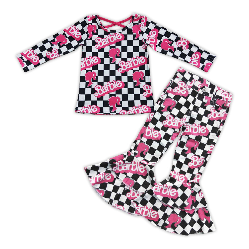 Girls Doll Pink Cross Back Tee Shirt Black Checkered Denim Jeans Pants Clothes Sets