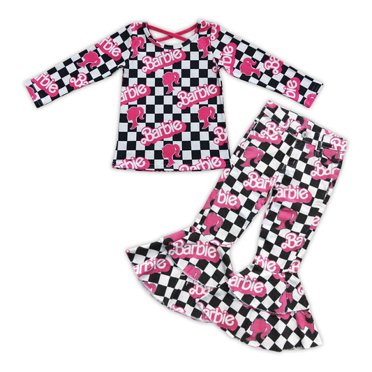 Girls Doll Pink Cross Back Tee Shirt Black Checkered Denim Jeans Pants Clothes Sets