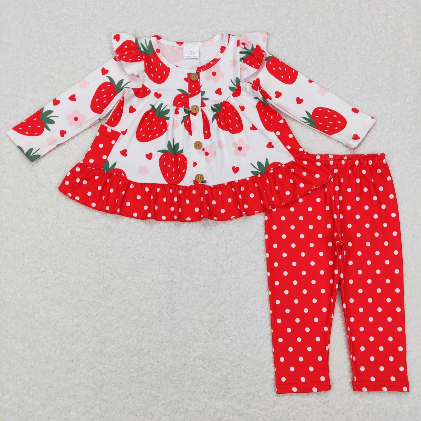 Sibling Baby Girls Hearts Strawberry Button Pockets Tunic Polka Dots Leggings Bell Bottom Jumpsuits